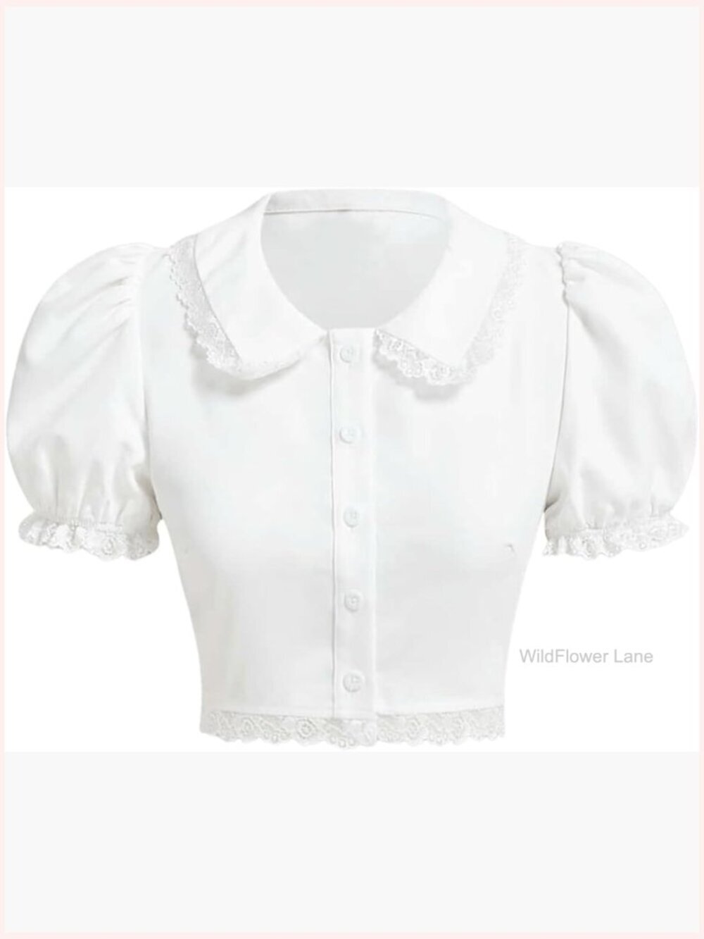 Crop Top with Short Puff Sleeves Button Down Lace Trim